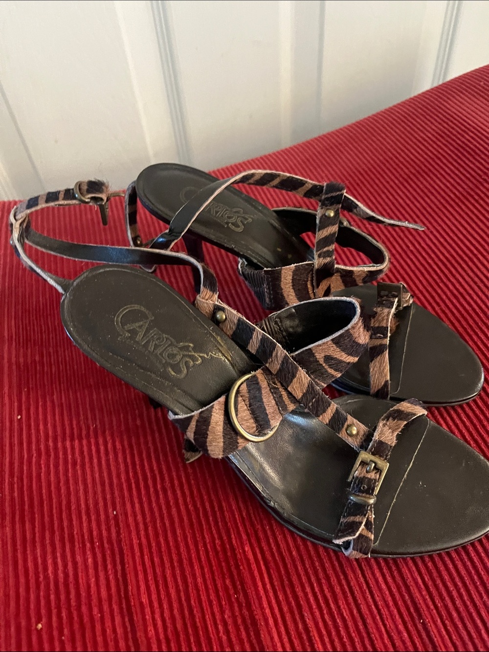 Carlos Santana Women's Leopard Print Sandals - Black & Brown Calf hair Size 6.5